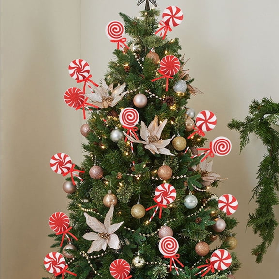 Large Lollipop Candy Peppermint Christmas Tree Picks with Ribbon Cute Christmas Candy Picks Assorted Decorations for Xmas Tree Topper Home Vase Party Ornaments(Red)