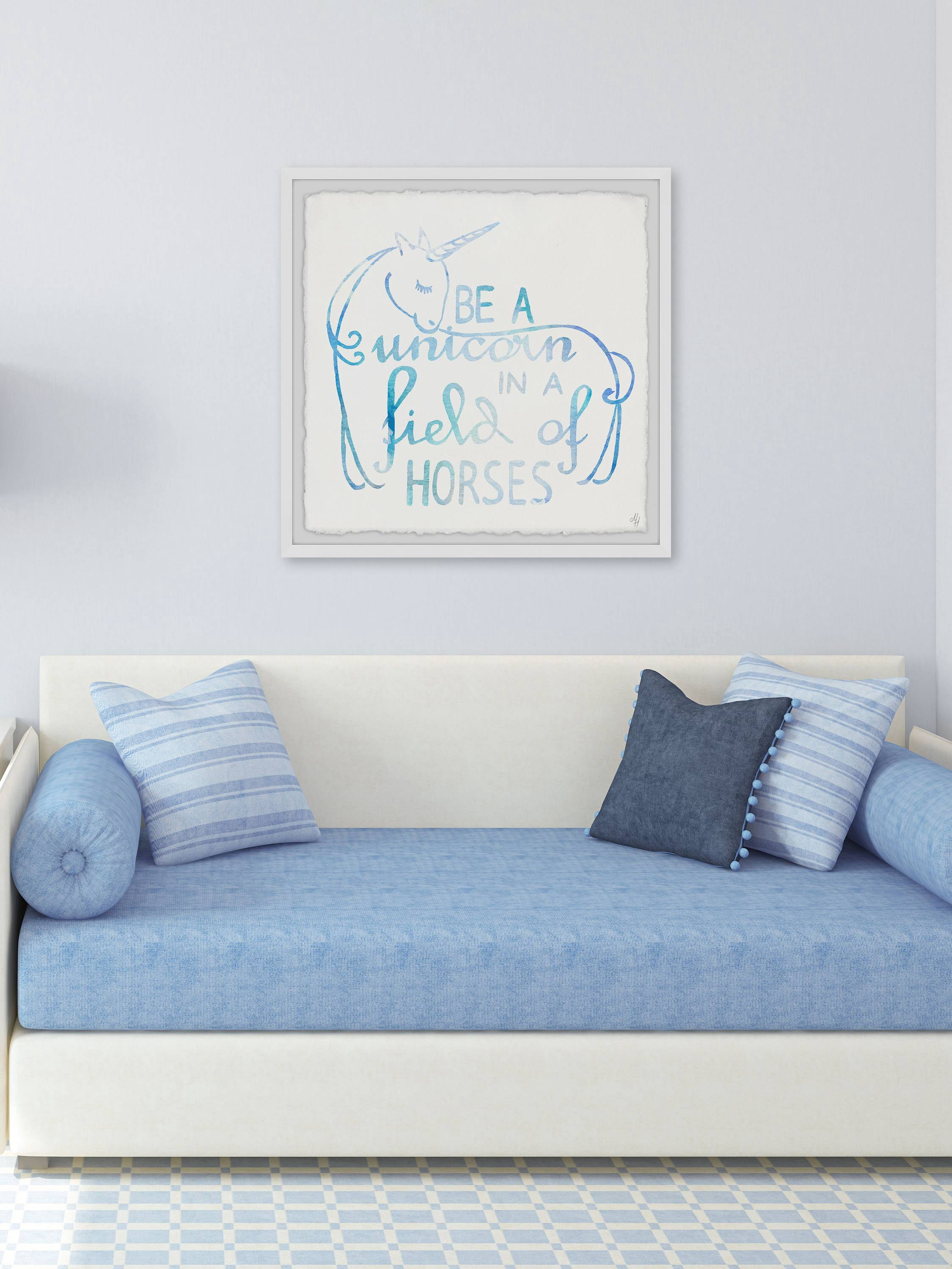 Marmont Hill Blue Unicorn in a Field of Horses Framed Wall Art
