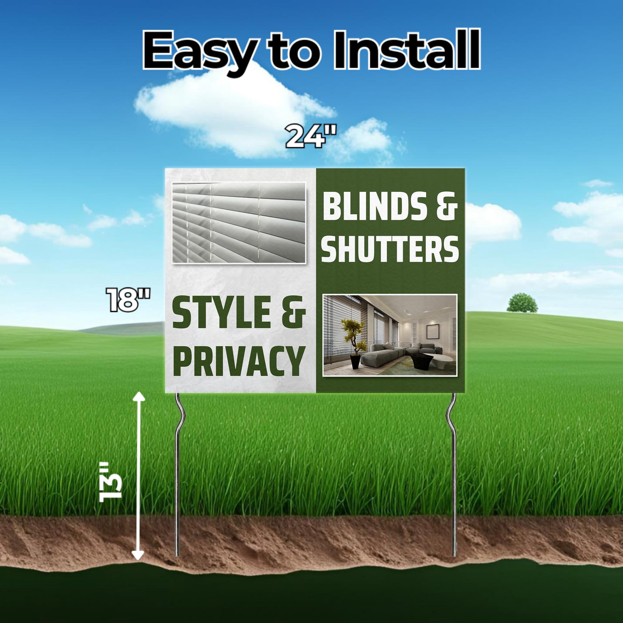 Blinds & Shutters - Style & Privacy! Yard Sign by DC | 24"x18" Double Sided Furniture Garden Sign with 13” Metal Stakes | Outdoor Signs Waterproof for Lawn, Patio, Sidewalk & House | Set of 5
