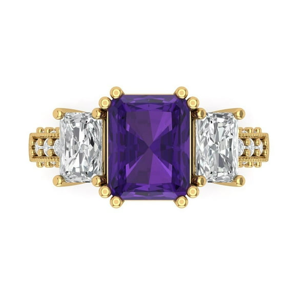Three-Stone Engagement Ring for Women - 4.27ct Natural Amethyst in 14K Yellow Gold Promise Ring