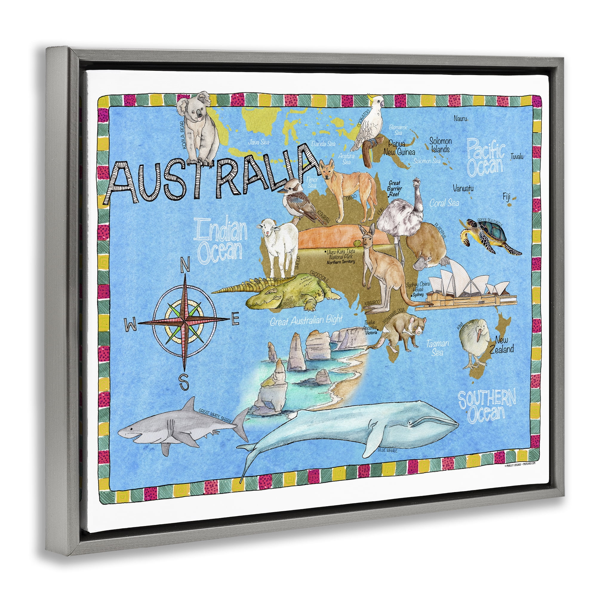 Stupell Industries Australia Animal Map Town & City Painting Gray Floater Framed Art Print Wall Art, 31 x 25