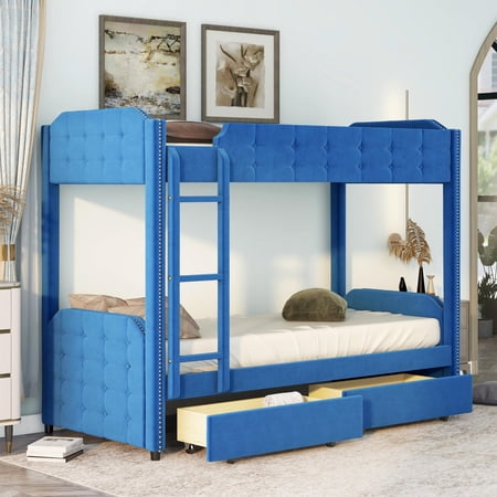 WM Store Twin over Twin Upholstered Bunk Bed with Two Drawers  Button-Tufted Headboard and Footboard Design  Blue(Expected Arrival Time:7.30)