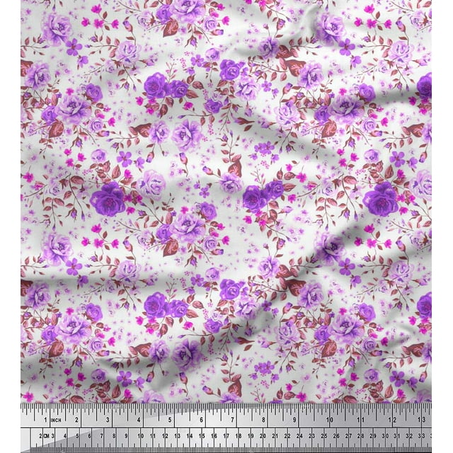 Soimoi Purple Silk Fabric Leaves & Floral Decor Fabric Printed BTY 42 Inch Wide