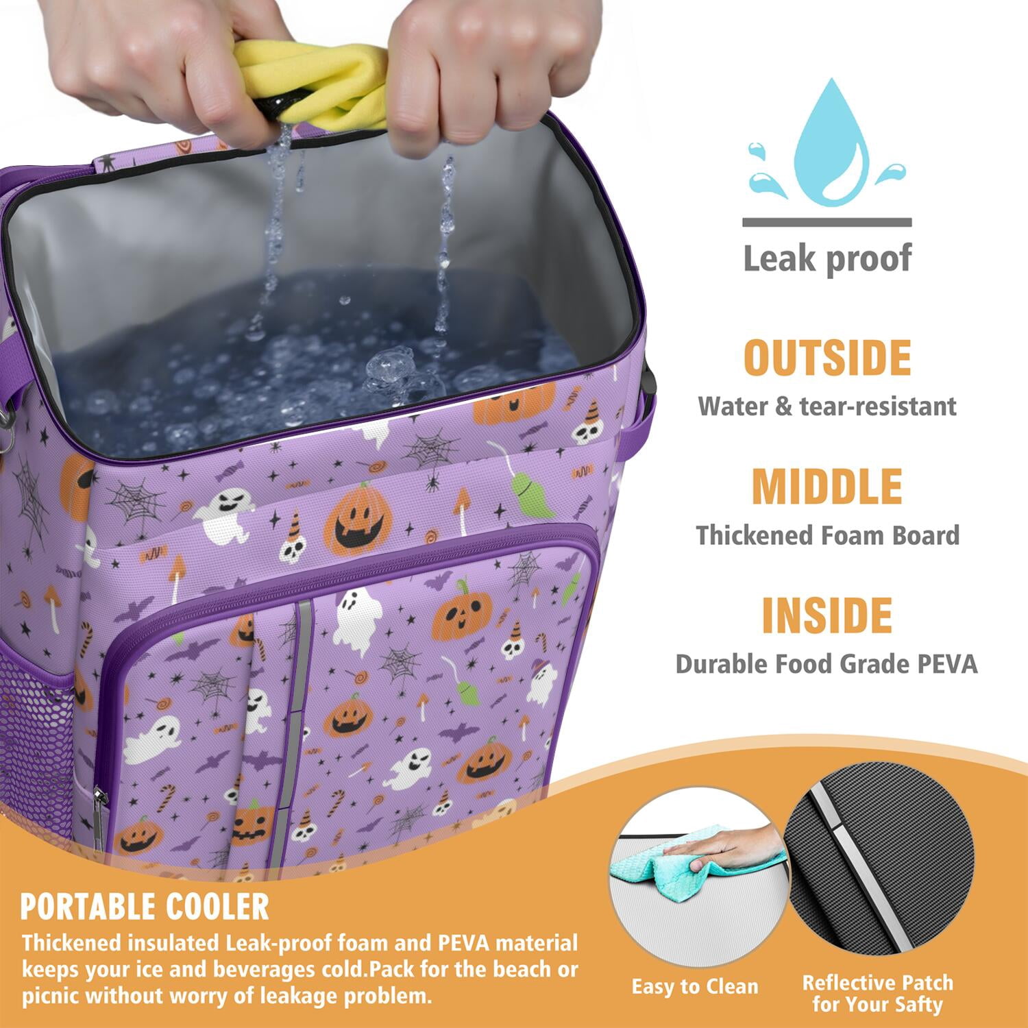 Travel Cooler Bag - Purple Halloween Pattern Camping Beer Cooler Backpack with Bottle Opener- Waterproof Insulated Picnic Backpacks - Cooler Bag for Beach