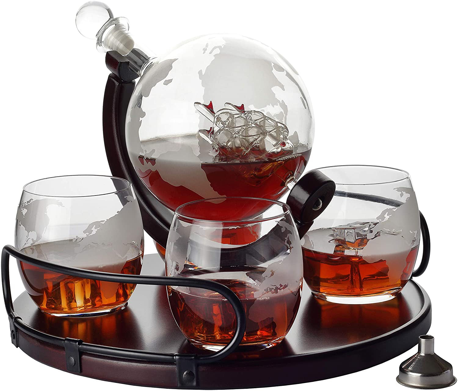 Whiskey Decanter Etched Globe Gift Set 4 glasses with