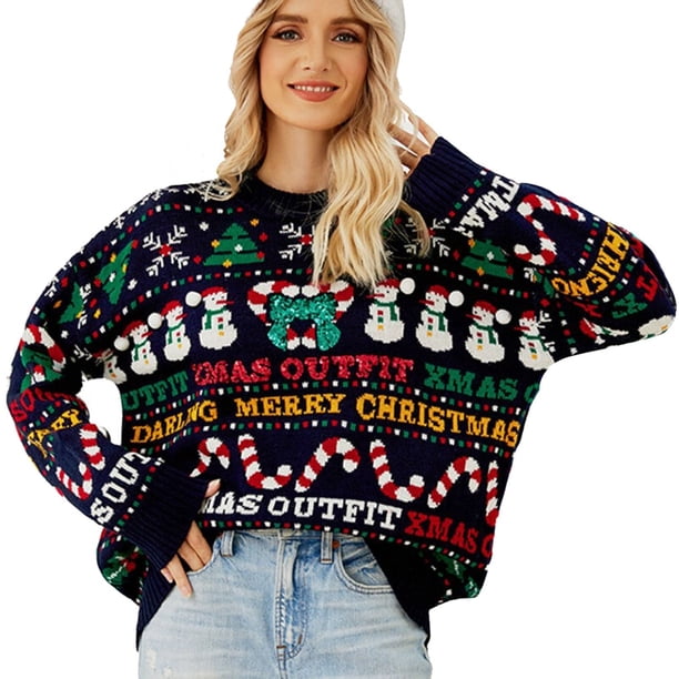 Gibobby Sudadera con estampado para mujer Suéter de punto suelto para mujer Otoño/Invierno Árbol de Navidad Suéter de cuello Rojoondo Pequeño muñeco de nieve Lentejuelas bordadas Suéter (Azul, L)