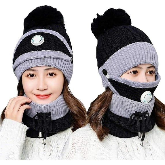 3pcs/Set Fashion Women Winter Knitted Hat Thickened Woolen Cap with Warm Mask Neck Scarf Beanie Hat Set