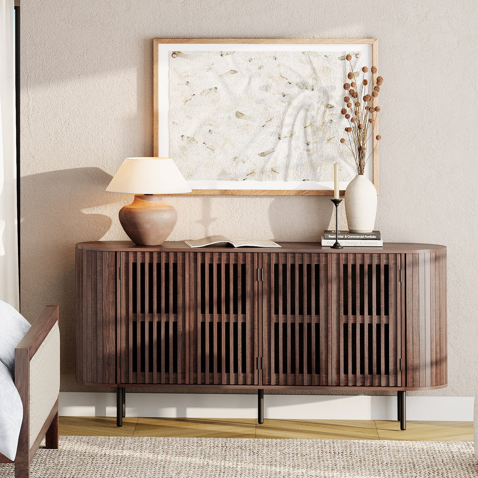 WAMPAT Fluted TV Stand for 75 Inch TV, Modern Entertainment Center with Storage, Wooden Media Console with Pop-up Doors for Livingroom, Bedroom, Walnut
