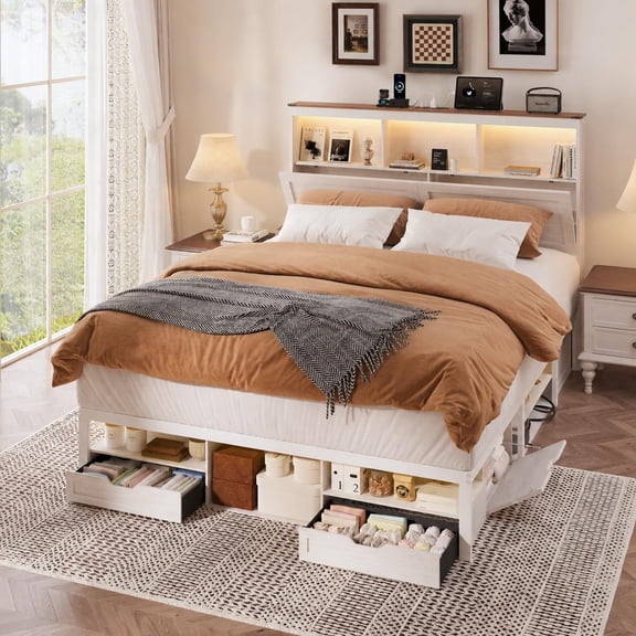 King Size Bed Frame with 6 Drawers, LED Lights & Charging Station | Storage Bookcase Headboard, Wood Platform Bed in White-Oak, No Box-Spring Needed