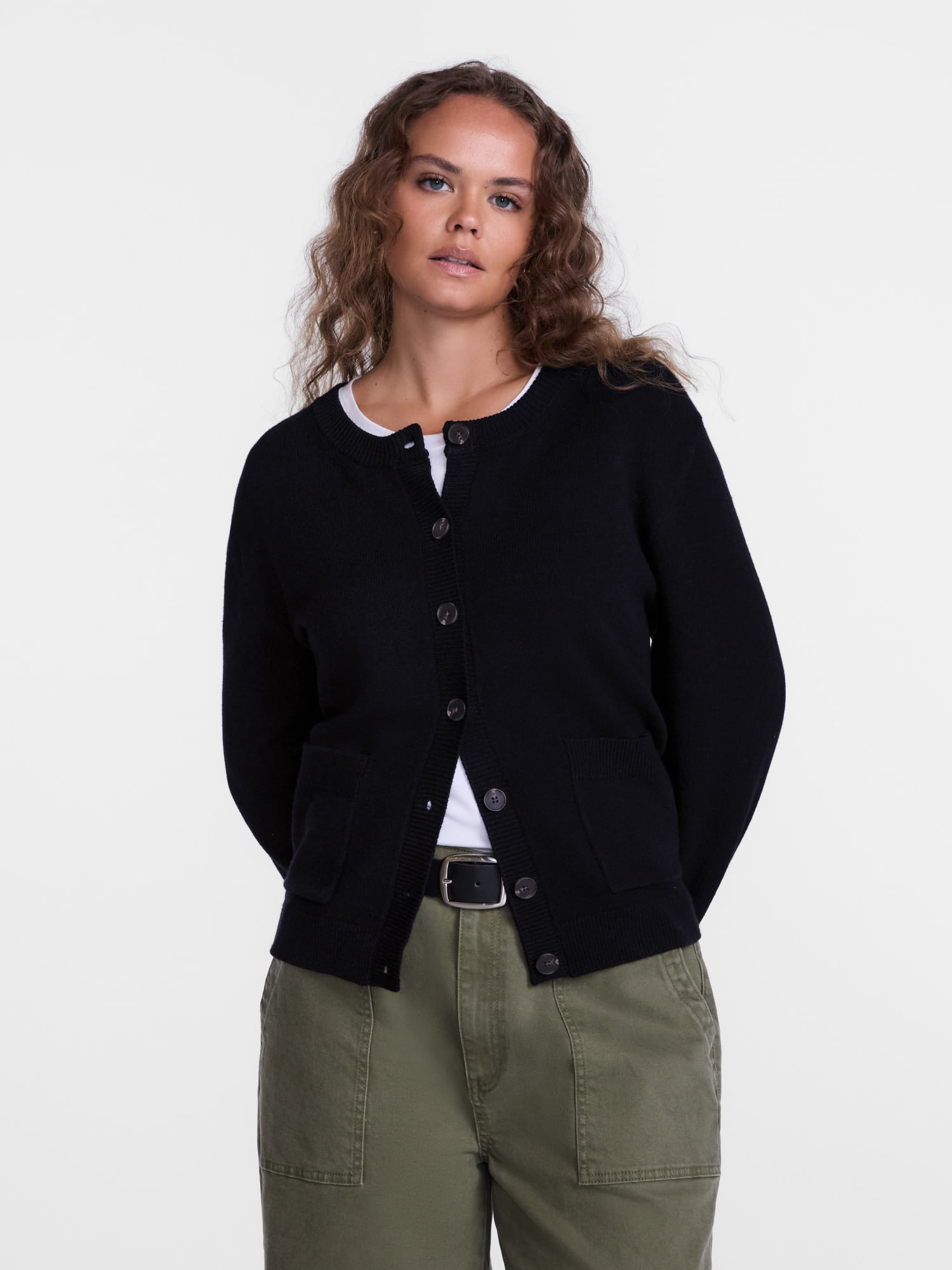 Scenario Women's Crewneck Cardigan with Patch Pockets, Lightweight, Sizes XS-XXXL