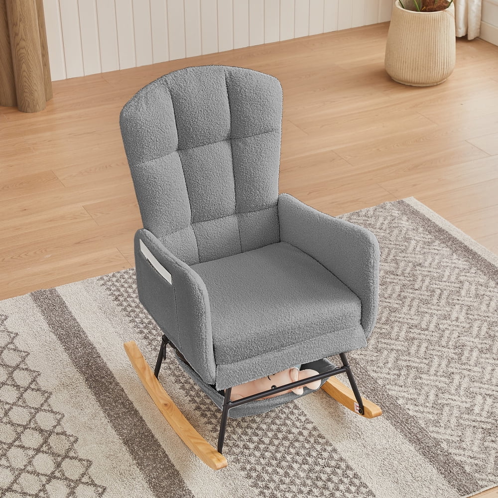 Pink Teddy Fleece Rocking Chair, Upholstered Nursery Glider with High Back, Metal & Wood Frame