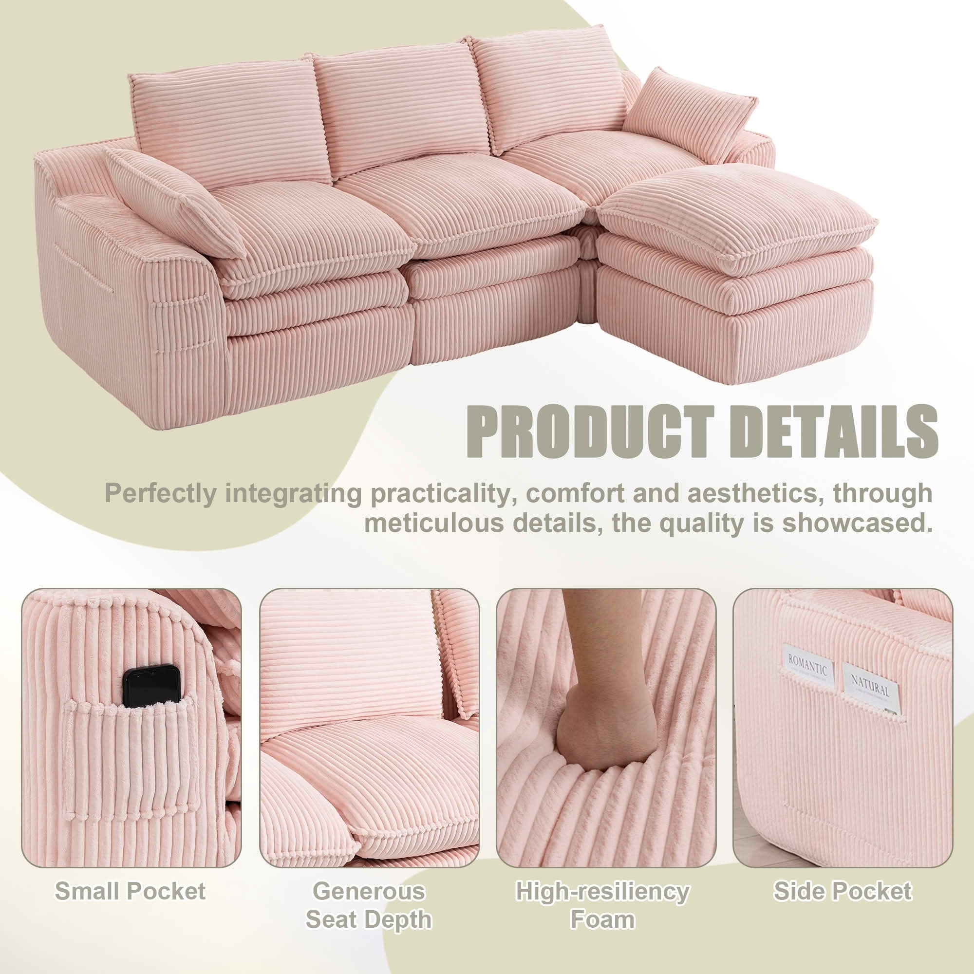 MAYEERTY Modular L Shape Corduroy Sectional Sofa, Compressed Boneless Cloud Couch with Footstool & Pillows for Small Living Space