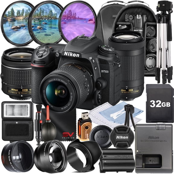Nikon D7500 DSLR Camera with 70-300mm Lens   32GB Memory Card   Full Size Tripod   SV Premium Accessory Bundle (International Version)