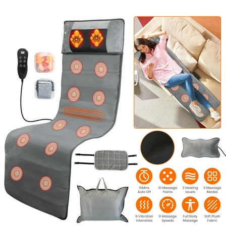 Moclever Upgraded Electric Full Body Massage Mat with Heat, 10 Vibration Motors Timer Back Massage Pad with Neck Massage Pillow, Grey