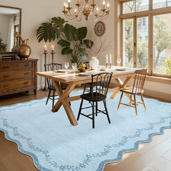 CAROMIO 4' x 6' Navy Scalloped Washable Area Rug for Living Room Non-Slip Modern Floral Farmhouse Indoor Carpet