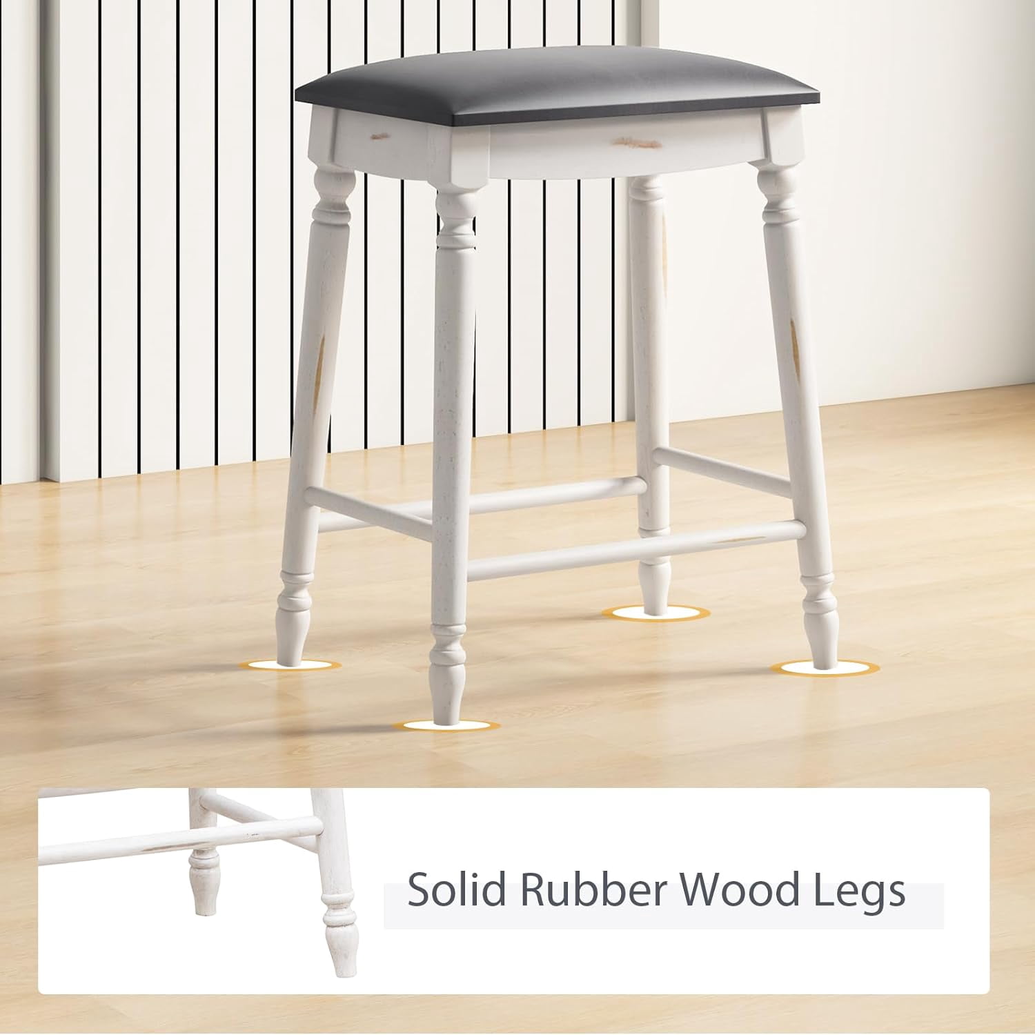 2 Pcs 24'' Counter Height Bar Stool, Rubber Wood Legs, Padded Seat Upholstered Cushions