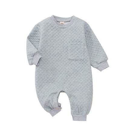 

Gureui Infant Baby Boy Girl Romper Casual Solid Color Round Neck Long Sleeve Jumpsuit with Pocket Autumn Outfit White/Gray/Brown