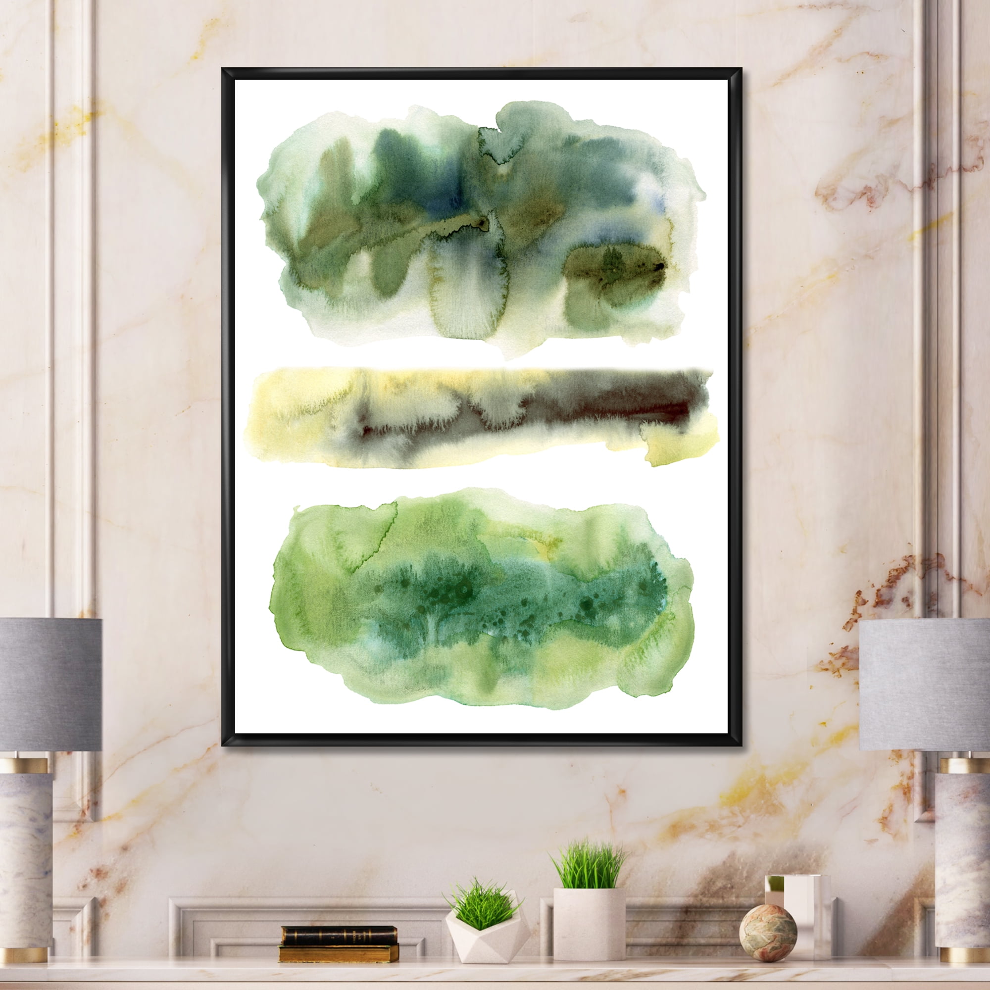 Designart 'Golden Green Abstract Clouds III' Modern Framed Canvas Wall Art Print