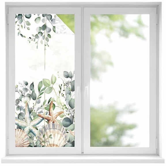 Sage Green Ocean Window Privacy Film, Coastal Eucalyptus Starfish Shell Static Cling UV Sun Blocking Heat Control Window Tint Day and Night, Non-Adhesive One Way Windows Privacy Cover 19.6''x39.3''