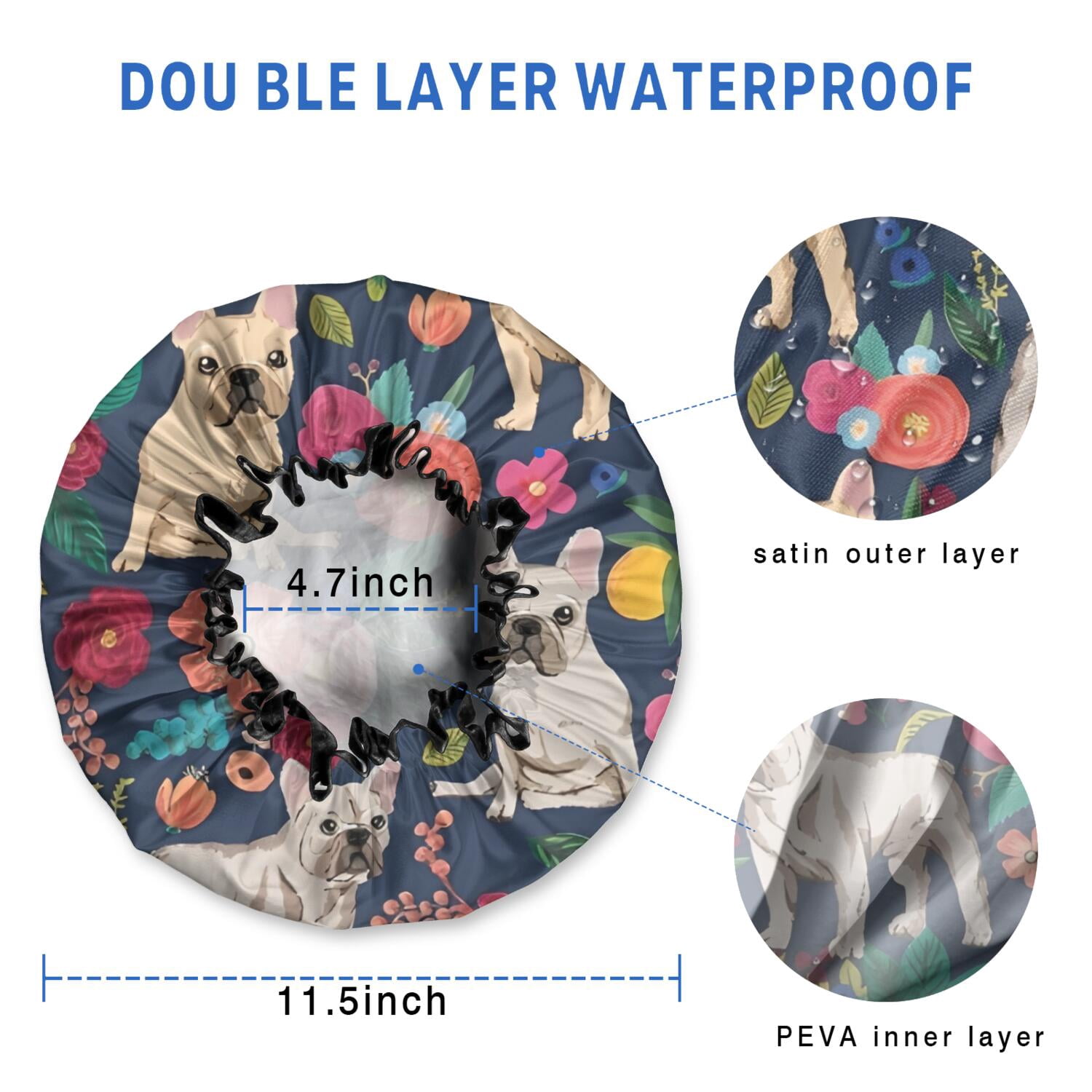 Shower Caps,French Bulldog Dog and Pioneer Flower Waterproof Shower Cap for Women 4 Pieces,Double Reusable Hair Cover for Shower PEVA Elastic Stretch Hem