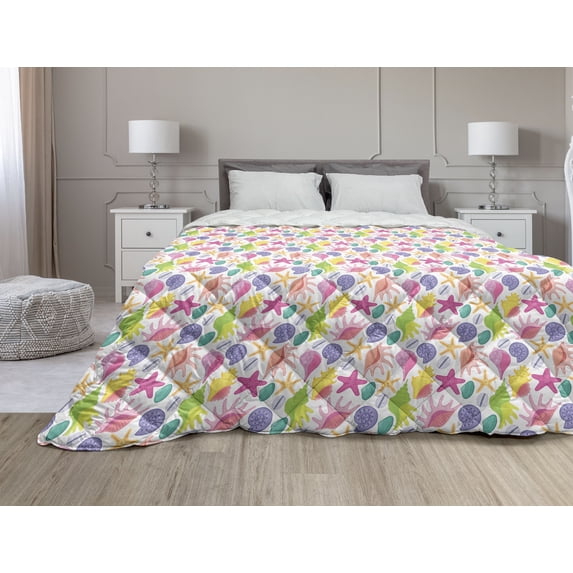Turtle Down Alternative Comforter, Minimal Nautical Pattern Simple Design Shelled Animal Symbols Ocean, Microfiber Quilt for All Season, 5 Sizes, Pastel Green and Dark Blue, by Ambesonne