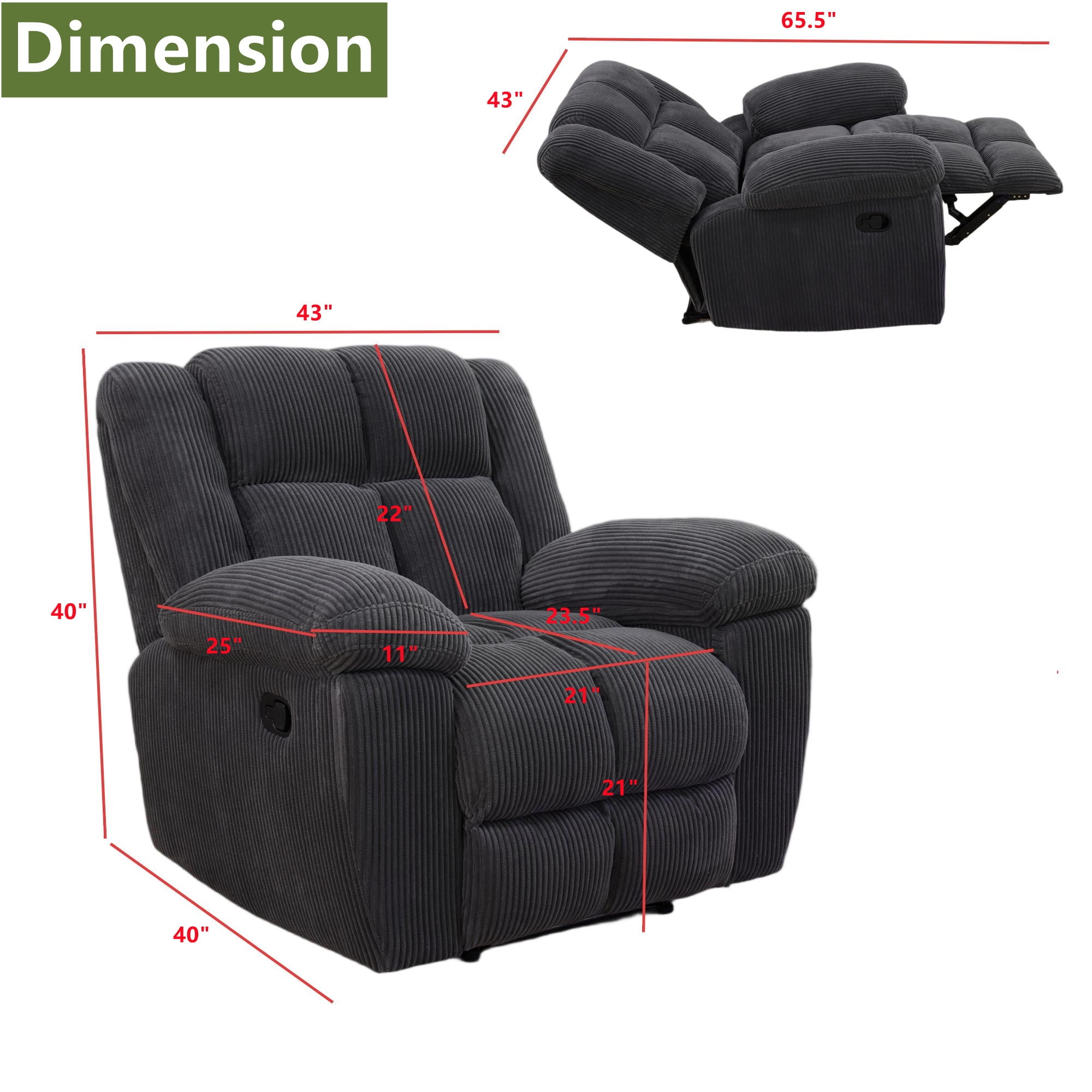 Aukfa 3-Piece Recliner Sofa Set - 43" Oversized Recliner Overstuffed Armchair for Living Room, Corduroy, Gray