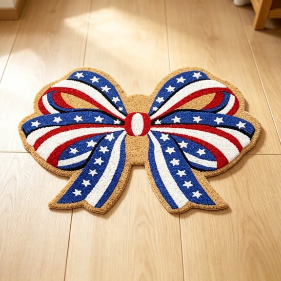 Patriotic Bow Doormat 18x30 Inch, 4th of July Stars and Stripes Entrance Mat for Front Door, Red White Blue Non-Slip Outdoor Indoor Flag Decor for Home