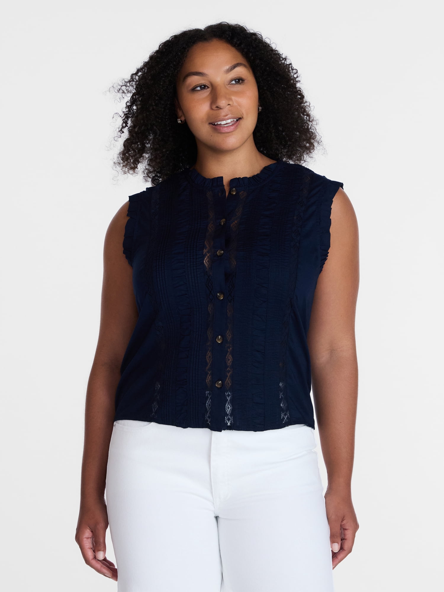 Time and Tru Women's Lace Inset Sleeveless Cotton Top, Sizes XS-XXXL