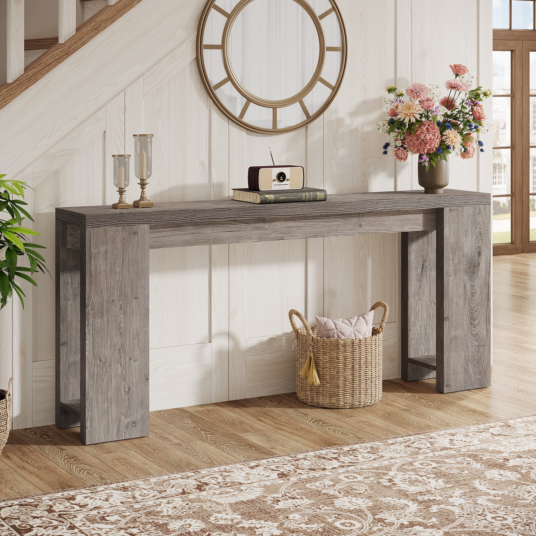 Finmind 71" Long Console Table, Narrow Light Grey Entryway Table Wood Sofa Table
