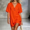 thumbnail image 2 of Ygbgbb Women V‑Neck Henley Mini Tunic Dress, Short Sleeve Half‑Placket Loose Fit Casual Shift Dress for Beach Cover‑Up and Everyday Summer Wear Orange XL, 2 of 7