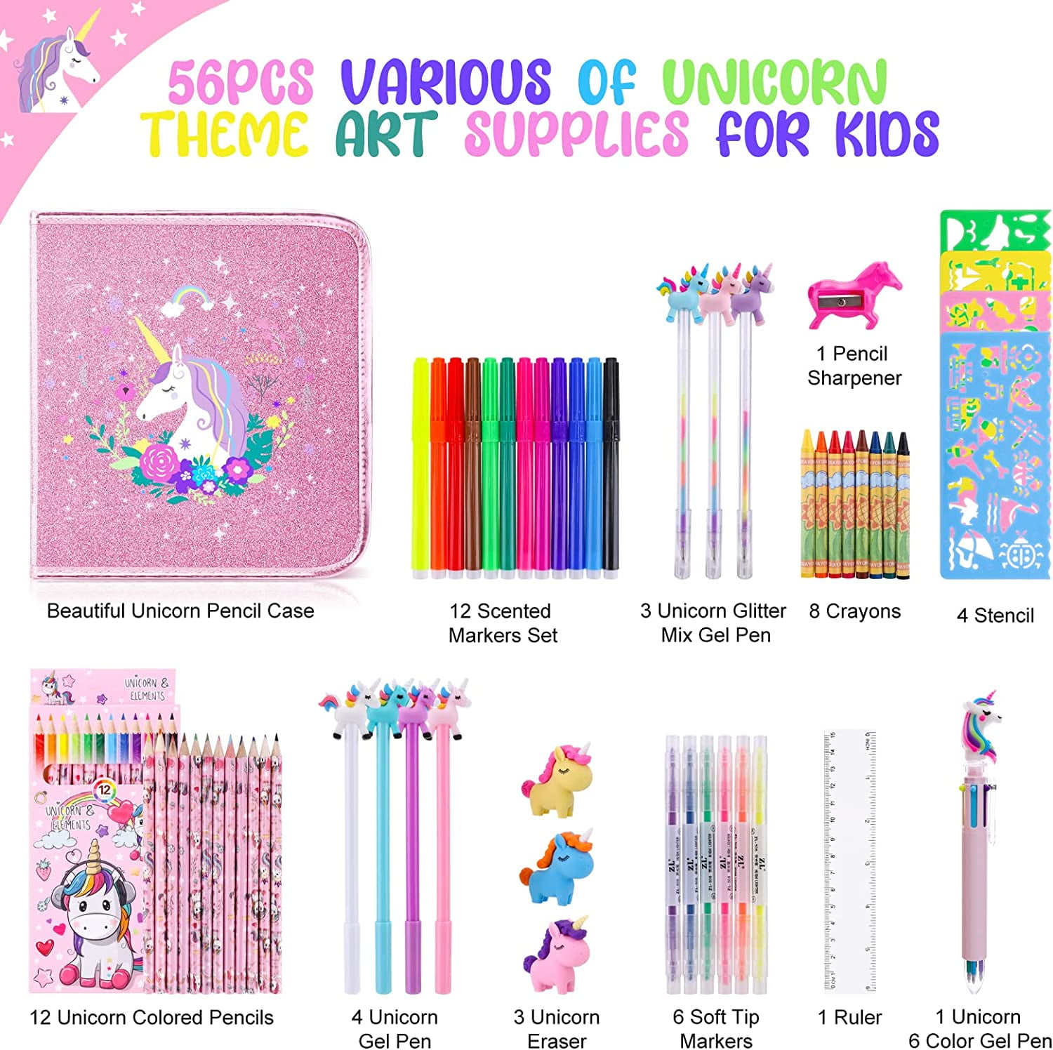 FTBox 72 PCS Unicorn Markers Set with Pencil Case, Acrylic Marker, Pencils,  Twistable Crayons, Glitter Pen, Perfect Art Supplies Christmas Gift for