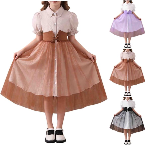 Auroural Girls Dresses 10-12 Girls Clothes 10-12 Dresses Girl's Lapel Mesh Short Sleeve Dress Medium and Large Children's Casual and Comfortable Dress