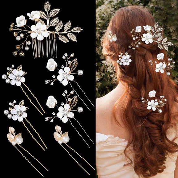 7 PCS Bridal Flower Wedding Hair Clips Crystal Pearl Hair Pins Headpiece Side Bridal Comb Gold Wedding Hair Accessories Jewelry for Brides Bridesmaids Women Girls Updo(Pink)