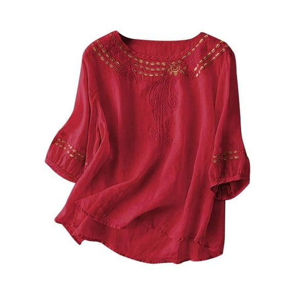 jtjvou Embroidered Cotton Linen Tops for Women 3/4 Sleeve Summer Boho Peasant Gauze Blouses Dressy Casual Bohemian Shirts Red L