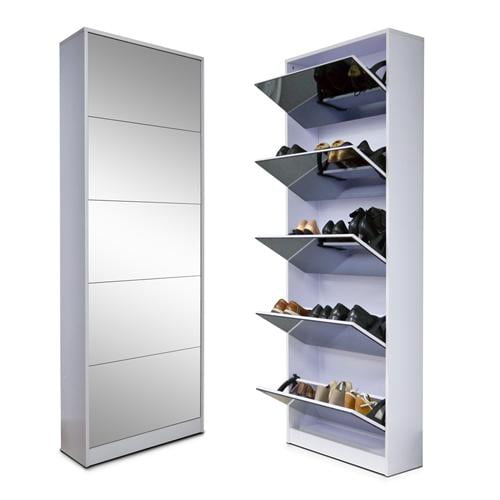 CABINET 6 TIER FULL LENGTH TALL MIRRORED SHOE RACK CUPBOARD STORAGE STAND OAK