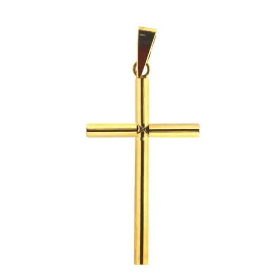 18K Solid Yellow Gold Polished Round Tube Cross 1.45 in.