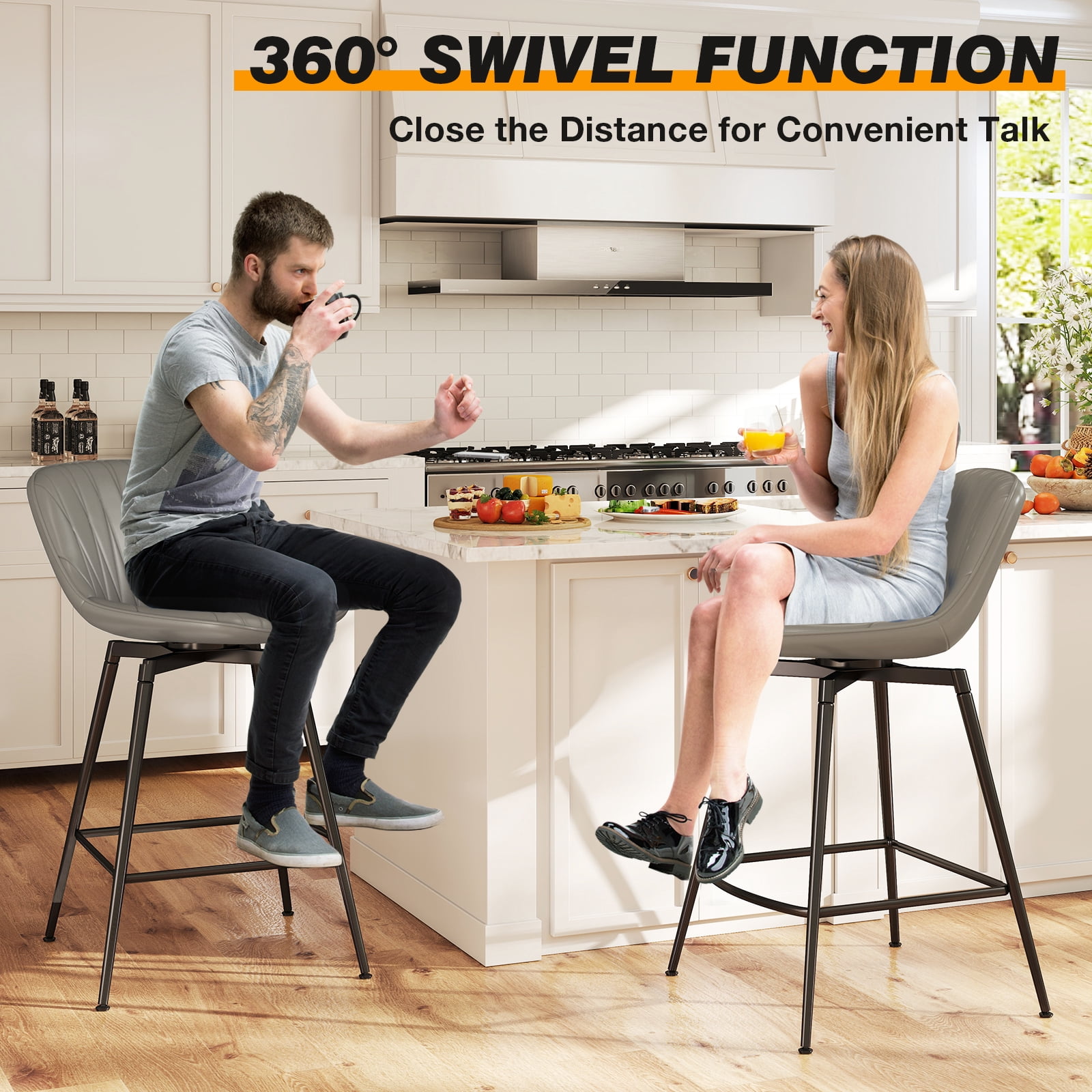 TAVR Modern 30" Swivel Bar Stools Set of 2 with Back & Footrest, Upholstered Counter Height Bar Chairs for Kitchen Island, PU Leather in Gray