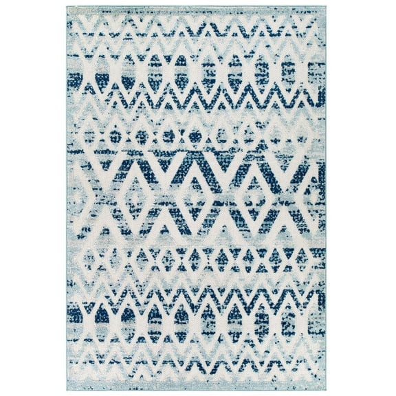 Ergode Reflect Tamako Diamond and Chevron Moroccan Trellis 5x8 Indoor / Outdoor Area Rug - Ivory and Blue
