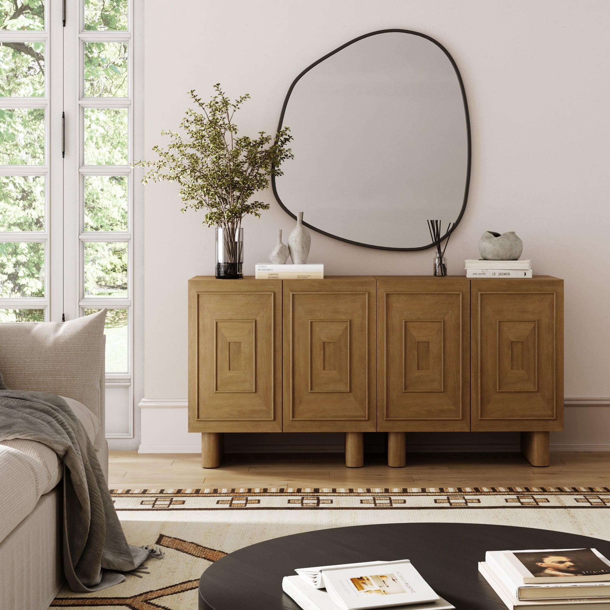 Nathan James Austin Mid Century Modern Kitchen Cabinet, Solid Wood Bar Cabinet or Dining Room Buffet with Geometric Door Accent, Light Brown