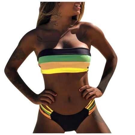 2 Piece Bikinis V-Neck for Women Swimwear Colored Stripes Bikini Set Push-up Padded Bra Bathing Beachwear Beach Vacation Clothes Yellow