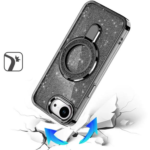 XPM for Apple iPhone 16e Phone Case, Transparent Glitter Bling Case with Rotating Magnetic Ring Stand, Shockproof Hybrid Cover for Apple iPhone 16 E (6.1") (Black)