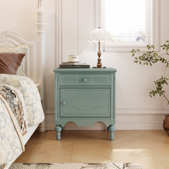 Cobear Vintage Nightstand End Table Pattern Carved Drawer and Cabinet Skirted Bedside Table Gourd Legs Rustic Small Dresser for Bedroom Living Room Aged Blue