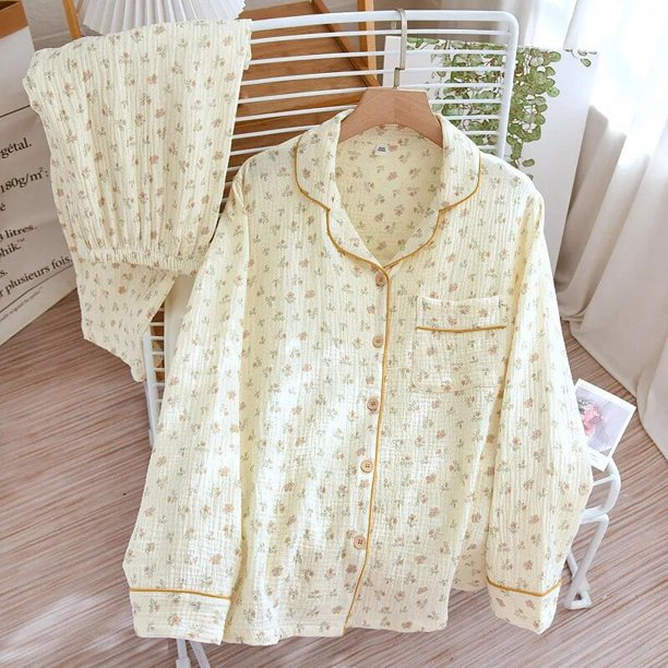 Conjunto de pijamas con estampado de corazón para mujer, ropa de casa de algodón crepé, doble capa, gasa, cuello vuelto, pantalones de manga larga, Primavera, nuevo