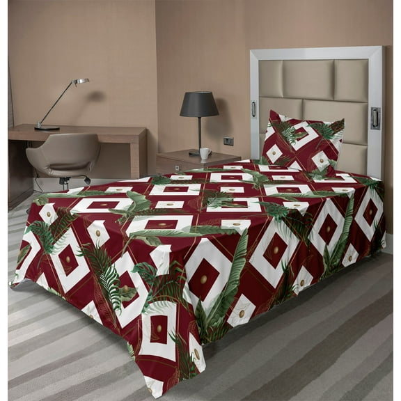 Ambesonne Tropical Fitted & Flat Sheet with Sham 3 Pcs Set, Exotic Art Geometric Back, Twin, Reseda Green Dark Rust