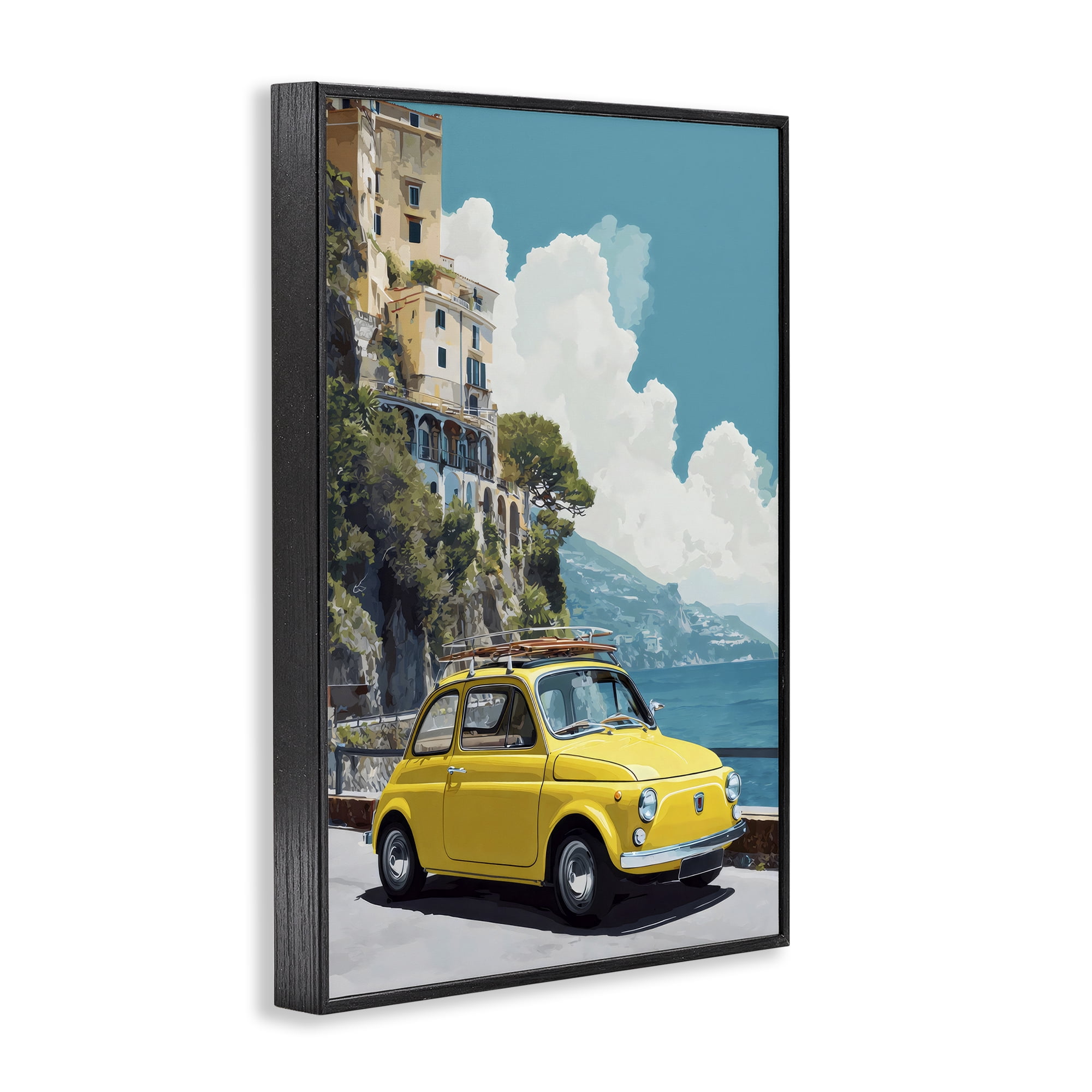 Stupell Industries Yellow Car on Coast Black Framed Giclee Art, design by Petal Prints Design