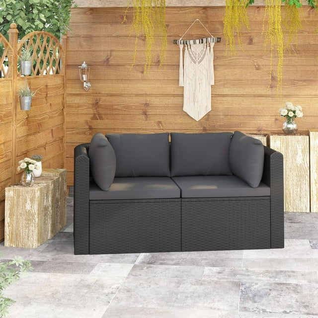 vidaXL Ensemble de Canapé de Patio 2 Pcs avec Coussins en Rotin Poly Noir