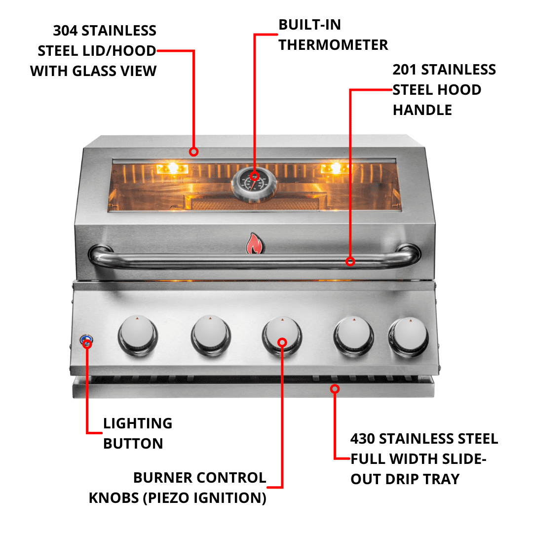 Chaleur Grill, Built in Gas Grill 28" Glass View 4-Burner Propane/Natural Gas with Rear Infrared Burner & Lights, 50,000 BTU, Stainless Steel