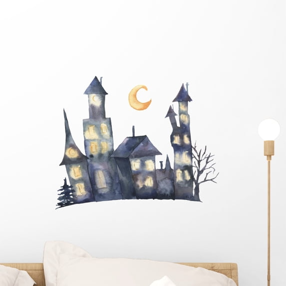 Watercolor Halloween Moon Castle Wall Decal Wallmonkeys Peel and Stick Graphic (18 in W x 17 in H) WM502727