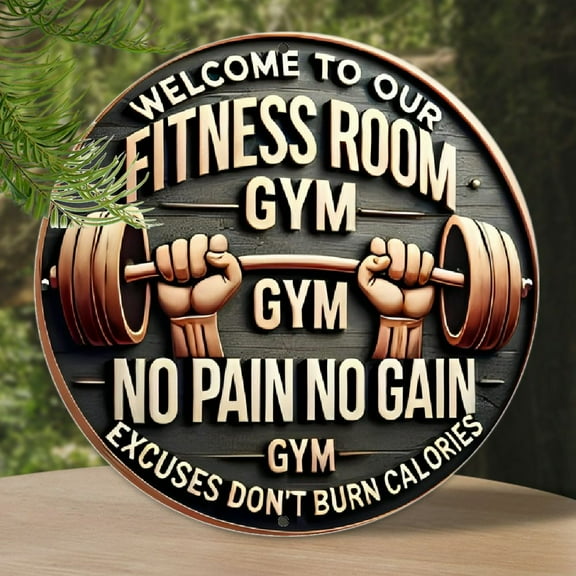 1pc Motivational 8x8" Aluminum Gym Sign - "Welcome to Our Fitness Room, No Pain No Gain" Round Wall Art with Dumbbell Design for Home, Bedroom, Living Room, Coffee Shop