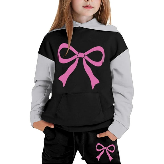 Girl Fall 2 Piece Pants Set Sweatsuit Bow Print Long Sleeve Crew Neck Hoodie Pullovers Sweatpants Set Activewear Set Tracksuits,6-7 Years,Black
